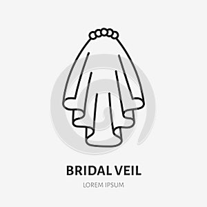 Bridal veil doodle line icon. Vector thin outline illustration of accessoire marriage. Black color linear sign for