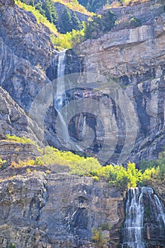 Bridal Veil Falls is a 607-foot-tall 185 meters double cataract waterfall in the south end of Provo Canyon, close to Highway US1