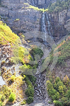 Bridal Veil Falls is a 607-foot-tall 185 meters double cataract waterfall in the south end of Provo Canyon, close to Highway US1