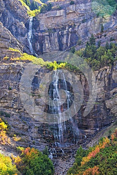 Bridal Veil Falls is a 607-foot-tall 185 meters double cataract waterfall in the south end of Provo Canyon, close to Highway US1