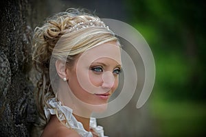 Bride against a stone wall