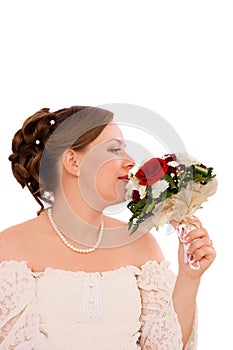 Bride with beautiful bouquet isolated on white