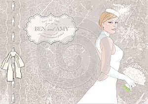 bride with bouquet, banner for text. illustration