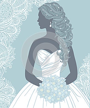 Bride with bouquet in profile, hand drawn vector illustration