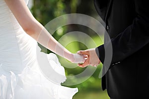 Bride and bridegroom hand in hand