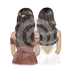 Bride and Bridesmaid, brunettes with tan skin. Hand drawn Illustration