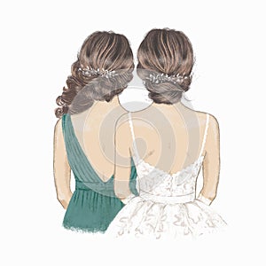 Bride and Bridesmaid with curly hair. Sister of Bride. Hand drawn Illustration