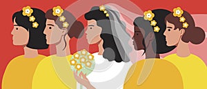 Bride with Bridesmaid, Flat Vector Stock Illustration with Wedding Guests or Bridesmaids in Dresses