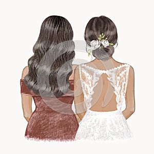 Bride and bridesmaid with tan skin. Hand drawn illustration