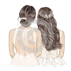 Bride and Bridesmaid on wedding day. Hand drawn Illustration