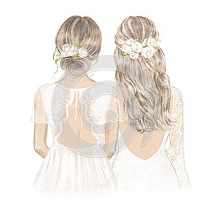 Bride and Bridesmaid with white roses in hair. Hand drawn Illustration