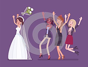 Bride and bridesmaids in bouquet toss tradition on wedding ceremony