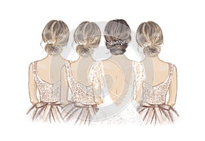 Bride with Bridesmaids in a line. Hand drawn illustration