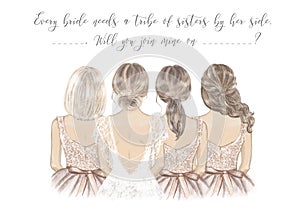 Bride with Bridesmaids in a line, hand drawn illustration