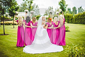 Bride with bridesmaids in a park photo