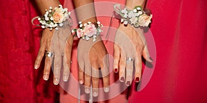 Bride bridesmaids with red pink dress and flowers bracelets on hands in web banner template banner