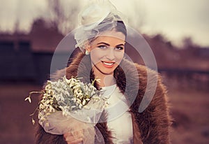 Bride. Closeup portrait smiling happy adult young woman retro style