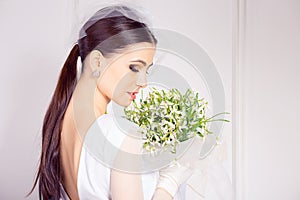 Bride. Closeup portrait young sexy woman retro