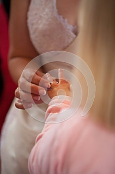 The bride exchange rings with her daughter in church during the parents wedding ceremony