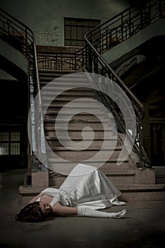 Bride fall down stairs