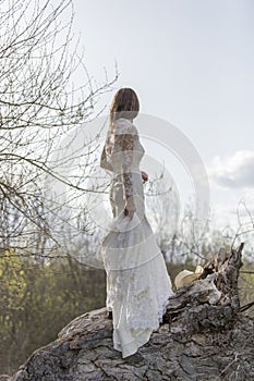 BRIDE IN THE FIELD BETWEEN TREES AND NATURE