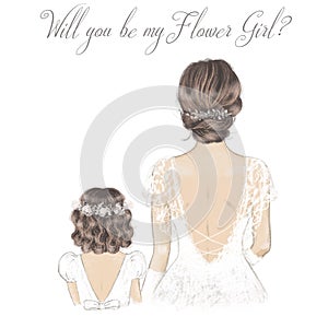 Bride and Flower Girl hand drawn illustration. Wedding card, invitation.
