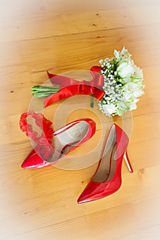 Bride flowers, garter and shoes