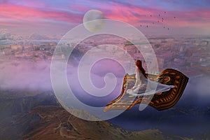 Bride flying on a carpet above clouds and city