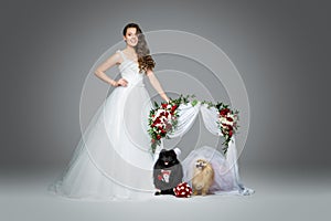 Bride girl with dog wedding couple under flower arch