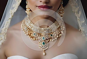 the bride in a golden necklace and gold earrings are photographed