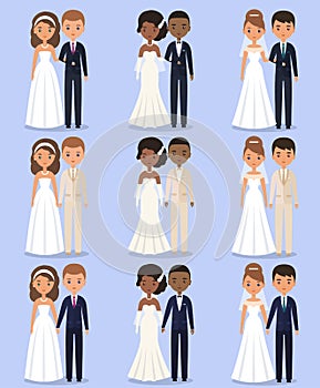 Bride and groom animated characters. Vector illustration.