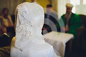 Bride and groom Asian Muslims marry in a beautiful red love theme. celebration nikah day.