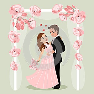 The bride and groom on the background of an arch with flowers, happy newlyweds. Illustration, wedding poster