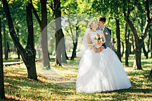 The bride and groom on the background of the park alley