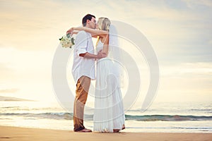 Bride and Groom, Beautiful Tropical Beach at Sunset, Romantic Ma