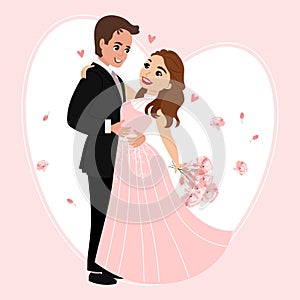 Bride and groom with a bouquet of flowers, happy newlyweds. Family concept. Illustration, wedding poster