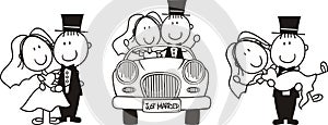 Conjunto de aislados de dibujos animados par de escenas, la conducción de un coche, llevar a la novia y el novio y la novia abrazos, ideal para una divertida invitación de boda.