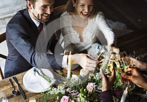 Bride and Groom Clinging Wineglasses with Friends on Reception photo