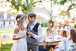 Bride and groom clinking glasses at wedding reception outside in the backyard.