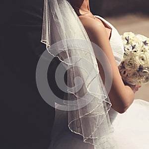 Bride and groom closeup, veil wedding dress