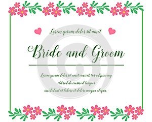 Bride and groom concept, romantic, with pink floral frame on white background. Vector