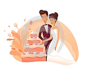 Bride and groom cut cake flat vector illustration