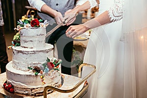 Bride and groom cut rustic wedding cake on wedding banquet with