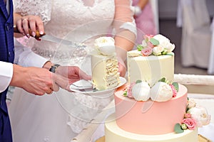 The bride and groom cut their wedding cake and put a piece on the plate. Hands, knife and wedding cake close-up.