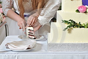 The bride and groom cut their wedding cake and put a piece on the plate. Hands, knife and wedding cake close-up.