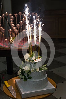 Bride and groom cut a wedding cake