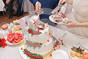 bride and groom cut wedding cake