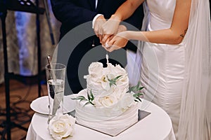 Bride and groom cut a wedding cake with a knife on a table. Cropped. Faceless