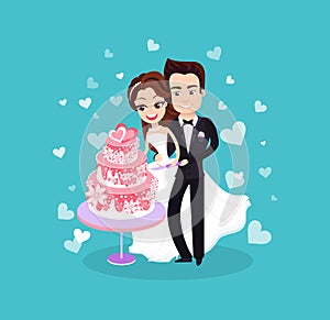 Bride and Groom Cutting Dessert, Wedding Vector