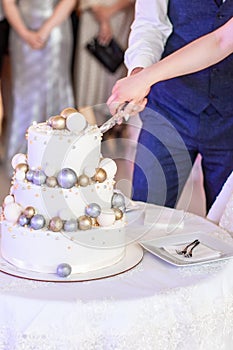 Bride and a groom is cutting their rustic wedding cake on wedding banquet. Hands cut the cake